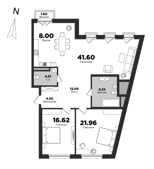 Prioritet, 2 bedrooms, 119.32 m² | planning of elite apartments in St. Petersburg | М16